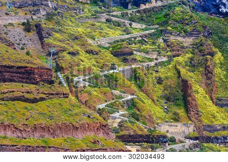Fira, Santorini Island, Greece Panoramic View, With Donkey Path And Cable Car From Old Port, High Vo