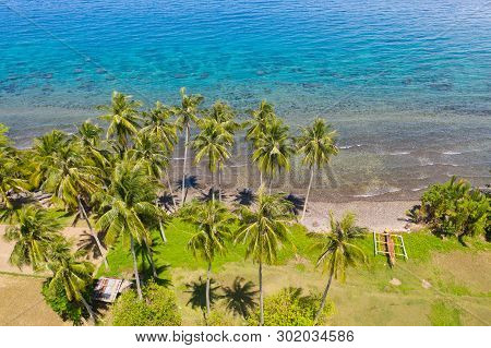 Landscape With Coconut Trees And Turquoise Lagoon, View From Above.seascape With Palm Trees And A Pe