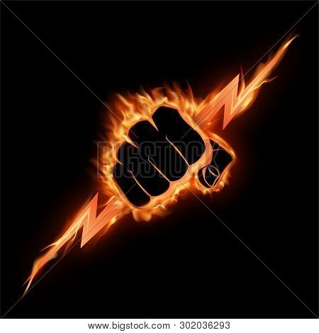 The Burning Fist Squeezes A Lightning.the Vector Illustration Symbolizing Force, The Power. A Logo, 