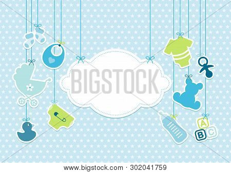 Card Baby Boy Hanging Icons Cloud Stars Pattern Blue