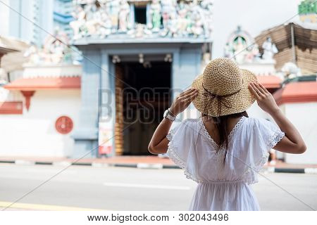 Woman Traveling With White Dress And Hat, Happy Asian Traveler Looking To Sri Mariamman Temple In Ch