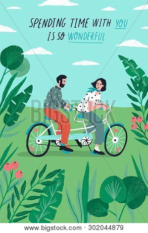 Poster Template With Cute Couple Riding Tandem Bike At Park And Romantic Phrase. Young Boy And Girl 
