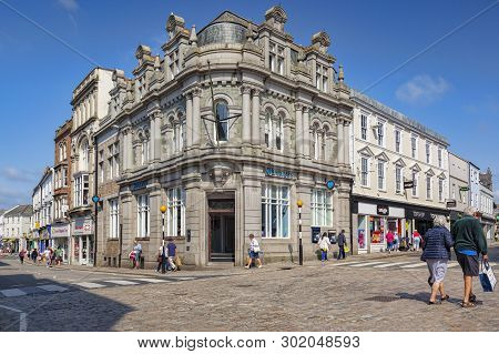 12 June 2018: Truro, Cornwall, Uk - Shopping In The Town Centre, With Barclays Bank, On The Corner O