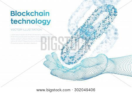 Block Chain. Crypto Currency. Blockchain Concept. 3d Wireframe Chain With Digital Blocks In Robotic 