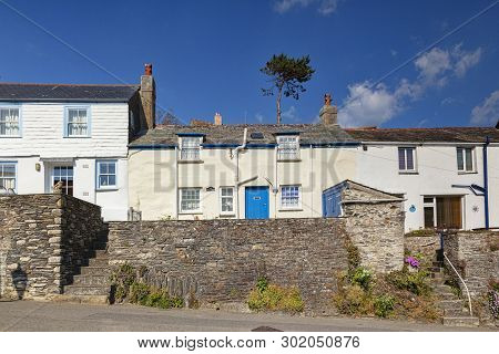 29 June 2018: Port Isaac Cornwall Uk - Row Of Terraced Cottages In The Village, Where The Doc Marten