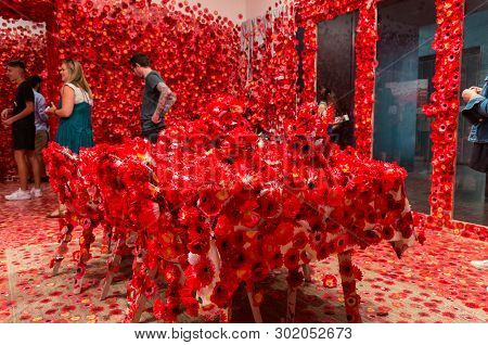 Melbourne, Australia - March 17, 2018: Flower Obsession Art Installation By Japanese Artist Yayoi Ku