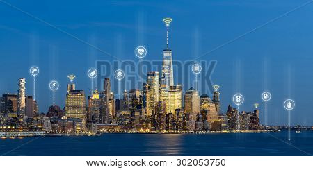 Beautiful Scenic Night View Of New York, Manhattan, Usa In Smart City Service Icon, Internet Of Thin