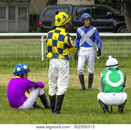 Pyatigorsk,russia- May 19,2019:the Jockeys Confer Beforehorse Races For The Traditional Prize In Hon