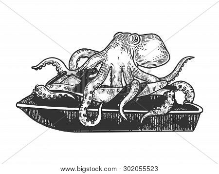 Octopus On Jetski Water Bike Sketch Engraving Vector Illustration. Scratch Board Style Imitation. Bl