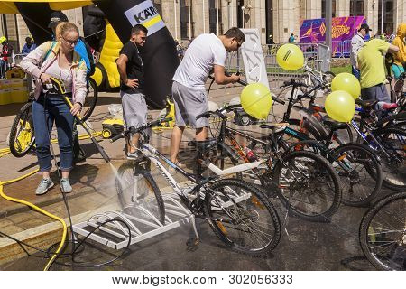Moscow. Russia. 19 May 2019. Moscow Cycling Festival 2019. Bikes Wash By Karcher During The Moscow F