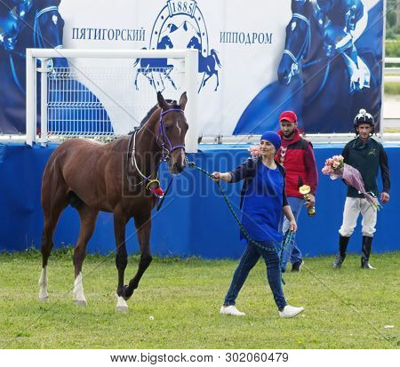 Pyatigorsk,russia- May 19,2019: Winner Of The Traditional Prize Probni - Brown Akhal-teke Stallion A