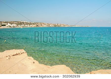Beaches And Hotels Along The Coast. Resort City On The Mediterranean Sea, View Of The Beach And Hote