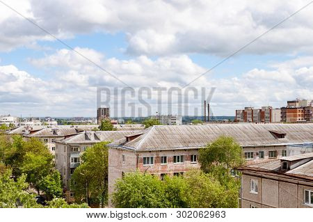 Kaluga, Russia - May 11, 2019: View Of Roofs Of Old Brick 5 Storey Houses From The Sky Restaurant. I