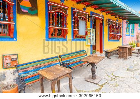 Colorful Traditional Typical Colombian House With Sun