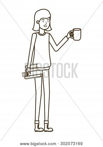 Woman With Books And Cup Of Coffee In White Background Vector Illustration Design