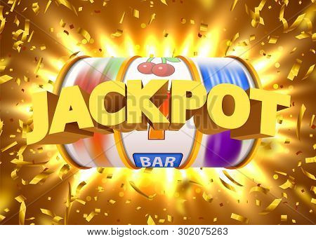 Golden Slot Machine With Flying Golden Confetti Wins The Jackpot. Big Win Concept.