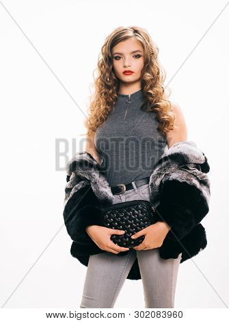 A Style Thats All Hers. Winter Fashion Trends. Young Woman Wear Elegant Winter Coat. Pretty Woman In