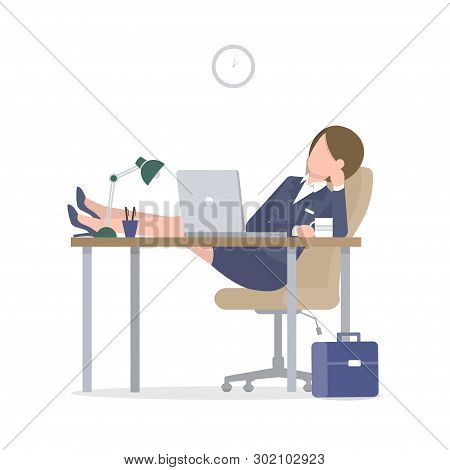 Business Woman Sitting At The Table And Using A Laptop. Tired Girl Drinks Coffee At Work At Lunch Ti