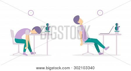 Professional Burnout. Young Exhausted Man Sitting At The Office. Long Working Day. Flat Vector Illus