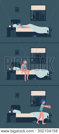 Young Girl Walks At Night In A Dream. Woman Is Sleepwalking. Flat Vector Illustration.