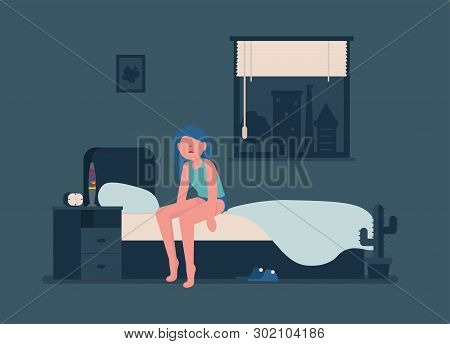 Happy Young Girl Sleeping In Her Room In Bed At Night. Woman Wakes Up At Night Because Of Insomnia. 