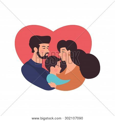 Father And Mother And Their Son Hugging. Happy Family Day Card. Vector Illustration For Your Dizaine