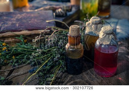 A Witchery Stuff: Multiple Tincture Bottles, Bunches Of Dry Healthy Herbs, Stack Of Ancient Ritual B