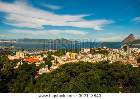 Beautiful Landscape With A View Of The Sea And The Sugarloaf Mountain. Pao De Acucar. Rio De Janeiro