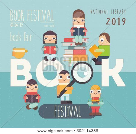Poster For Bookstore And Book Festival Advertising. Small Funny Characters Cartoon Men And Girls Rea