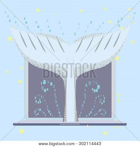 Whales Tale And Laptop. Fish Daving In Comuper Cpace. Modern Art Banner, Poster, Greeting Card About