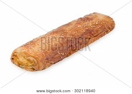 Baking Puff Pastry With Potatoes And Sesame. Isolated On White Background