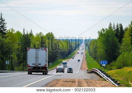 Tver region, Russia - May, 15, 2019: truck on a highway M-10 in Tver region, Russia