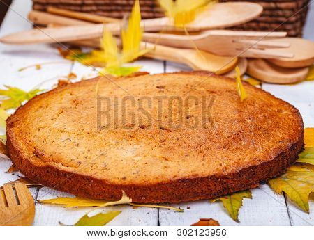 Semolina Cake Or Manna Pie With Walnuts And Raisins On Wooden Rustic Table. Close Up