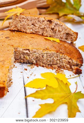 Semolina Cake Or Manna Pie With Walnuts And Raisins On Wooden Rustic Table. Close Up