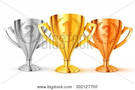 Realistic Golden Trophy. First Second And. Third Place. Gold, Silver And Bronze