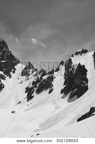 Snow Covered Sunlit Mountain Range With Traces From Avalanche In Winter Day. Turkey, Kachkar Mountai