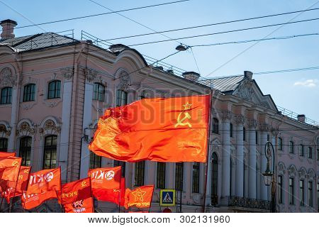 Saint Petersburg - May 2019: Communist Party Of The Russian Federation Flag In Political Parade In R