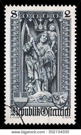 AUSTRIA - CIRCA 1969: A stamp printed in the Austrian, is dedicated to 500th anniversary of Diocese of Vienna, shows the statue of Saint Christopher in St. Stephens Cathedral, Vienna, circa 1969.