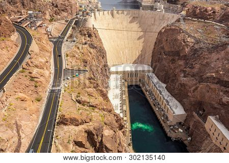 Hoover Dam Located On The Nevada And Arizona Border, Very Popular Tourist Attraction. Usa