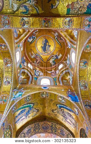 Palermo, Italy - March 14, 2019: Gold byzantine mosaics in The Martorana - Co-Cathedral of St. Mary of the Admiral in Palermo