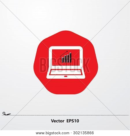Blue Table, Line Chart In Red Monitor Icon, White Laptop, Computer, Red Circle, Hexagon, White Font,