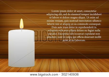 Realistic Burning Candle On Dark Wooden Background. Vector Stock Illustration.