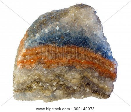White, Red And Blue Layered Piece Of Sylvinite Mineral, Natural Crystalline Rock Salt? Isolated On W