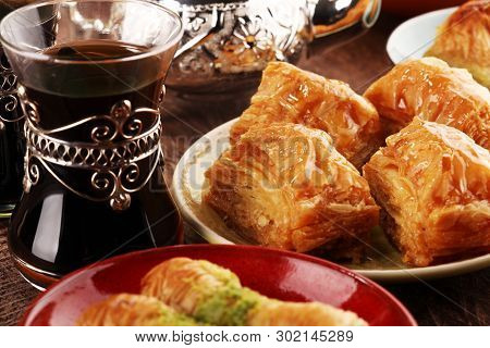Middle Eastern Or Arabic Dishes And Assorted Meze, Concrete Rustic Background. Turkish Bread Or Turk