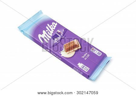 Chisinau, Moldova - May 20, 2019: Bar Of Milka Chocolate Isolated On White. Milka Is A Brand Of Choc