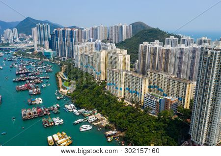 Aberdeen, Hong Kong 12 May 2019: Drone fly over Hong Kong city with typhoon shelter