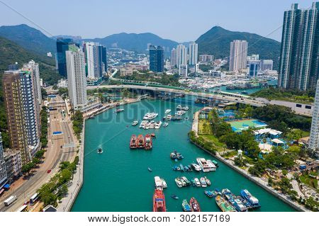 Aberdeen, Hong Kong 12 May 2019: Aerial view of Hong Kong typhoon shelter in aberdeen