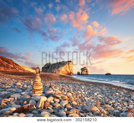 Sunset Near Petra Tou Romiou In Cyprus, Paphos, Panoramic Image