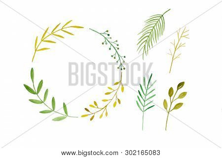 Watercolor Illustration Art Design, Set Of Spring Green Tree Leaves And Wreath In Watercolor Hand Pi