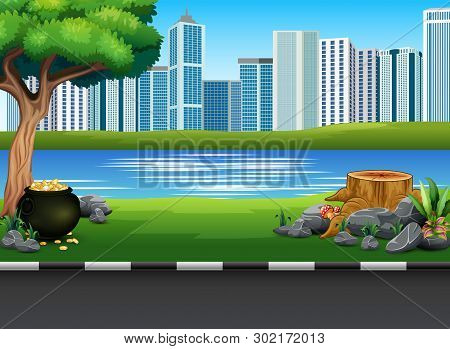 A Pot Of Coins With Cityscape Background